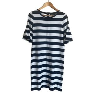 Lauren Ralph Lauren White and Navy Blue Striped Ruffle Sleeve Dress Size Small